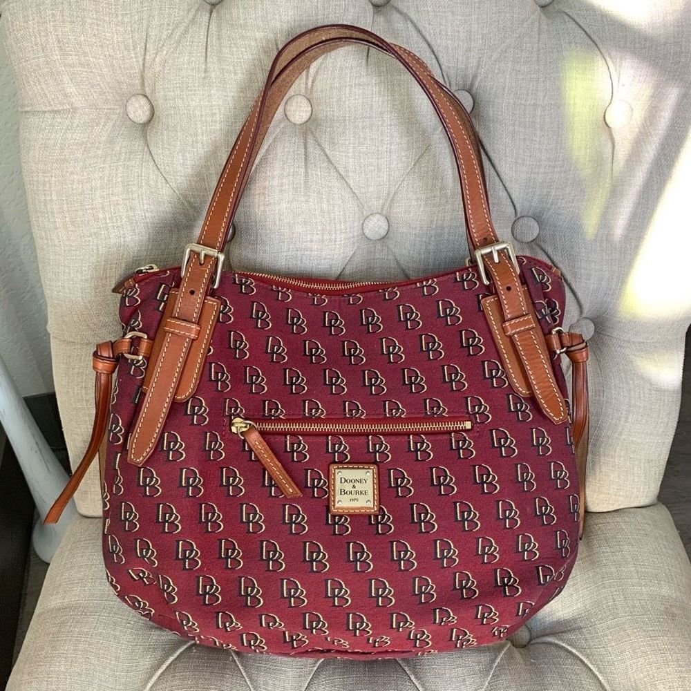 Vintage DOONEY BOURKE shoulder bag large burgundy logo canvas genuine leather